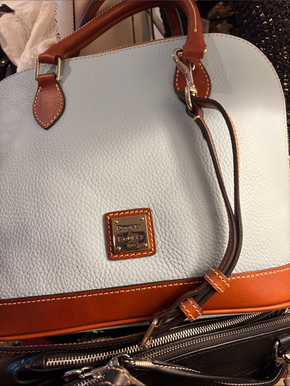 Dooney & Bourke Light Blue Pebbled Leather Satchel with Brown Trim and Handles